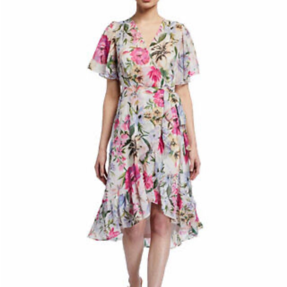 Calvin Klein Floral Print Surplice V-neck Chiffon Dress